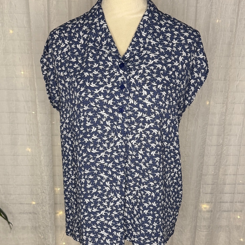 Claudia Richard Navy and White Bird Print Blouse